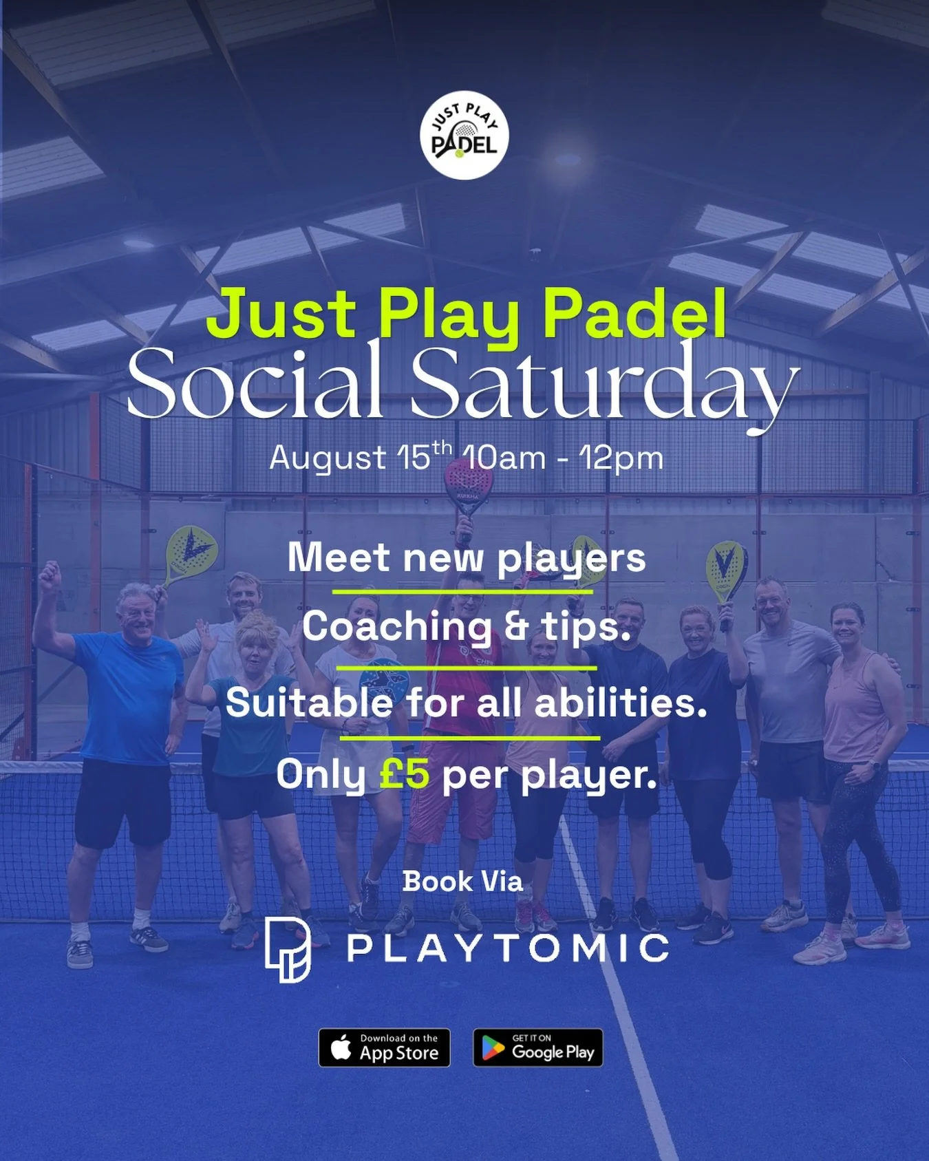 🎾 Saturday Social - 15th August 10am 🎾

Due to the success of our first Saturday social we&rsquo;ve decided to organise another!

Book Now via Playtomic 
Or call us on 07484 258008

- &pound;5 per player
- A great opportunity to meet new players
- 