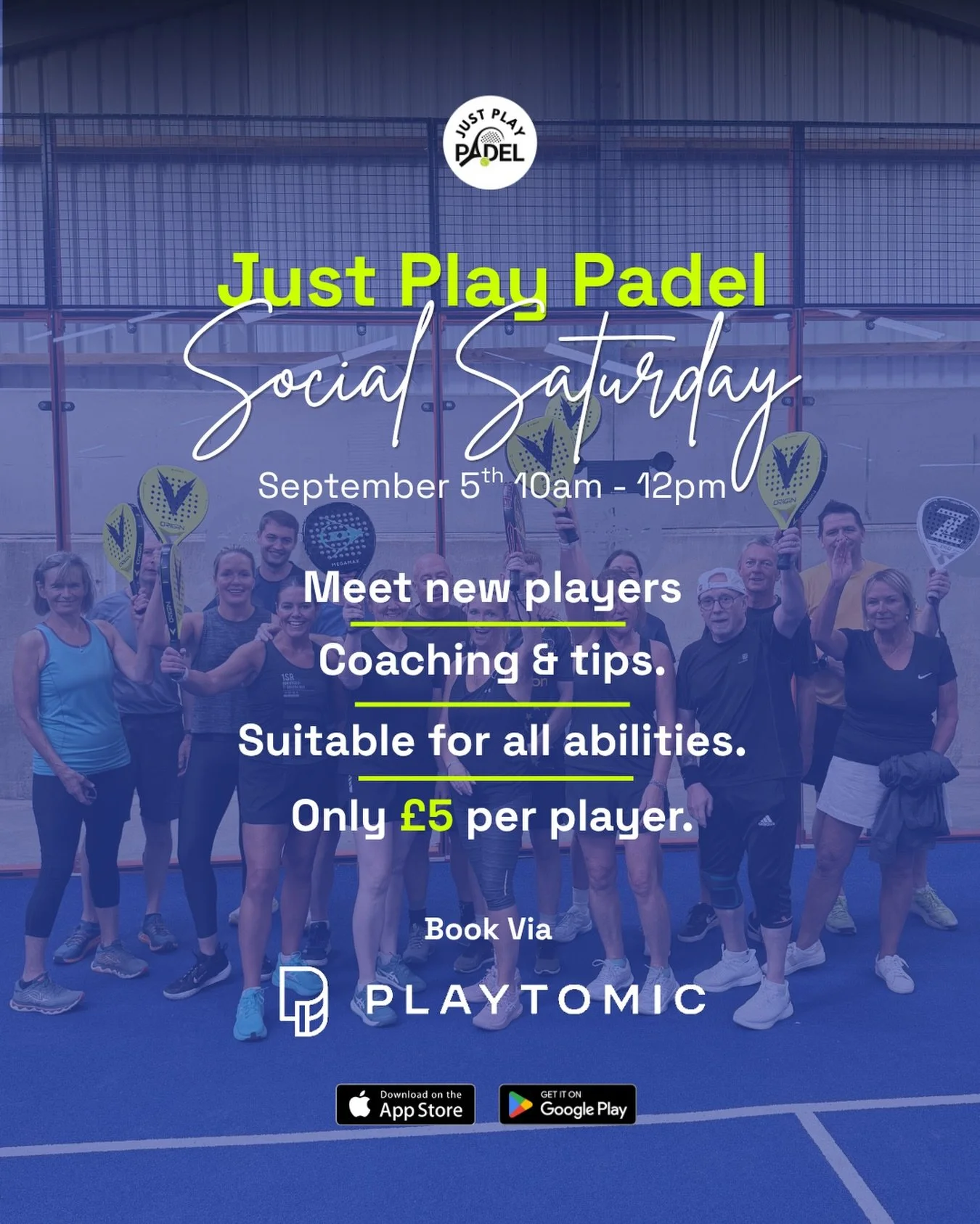 🎾 Social Saturday is back!

Our next social is Saturday 5th September, 10am&ndash;12pm.

Two hours of relaxed games, coaching and tips, and a chance to meet some new people to play with.

All abilities welcome and just &pound;5 per person.

Spaces a