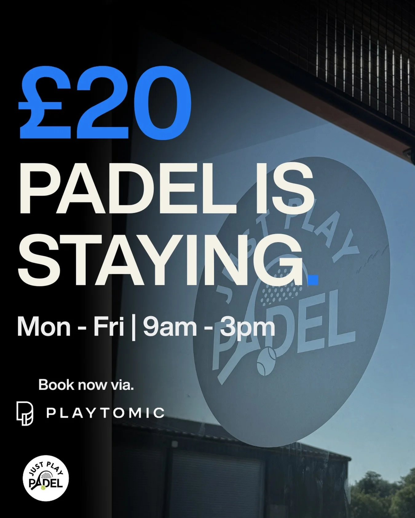 &pound;20 PADEL IS STAYING 🎾

We introduced our &pound;20 weekday daytime pricing for the summer holidays &mdash; and you&rsquo;ve certainly made the most of it!

So, we&rsquo;ve decided to keep it.

Courts will continue to be just &pound;20 per hou