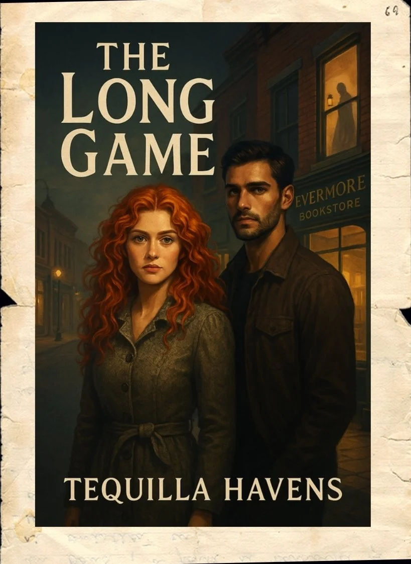 A book cover for "The Long Game" by Tequila Havens. It features a woman with long, curly red hair and a man with dark hair and a beard, standing in front of a street scene with a bookstore named "Evermore Bookstore". A silhouette of a person is visible in a window above.
