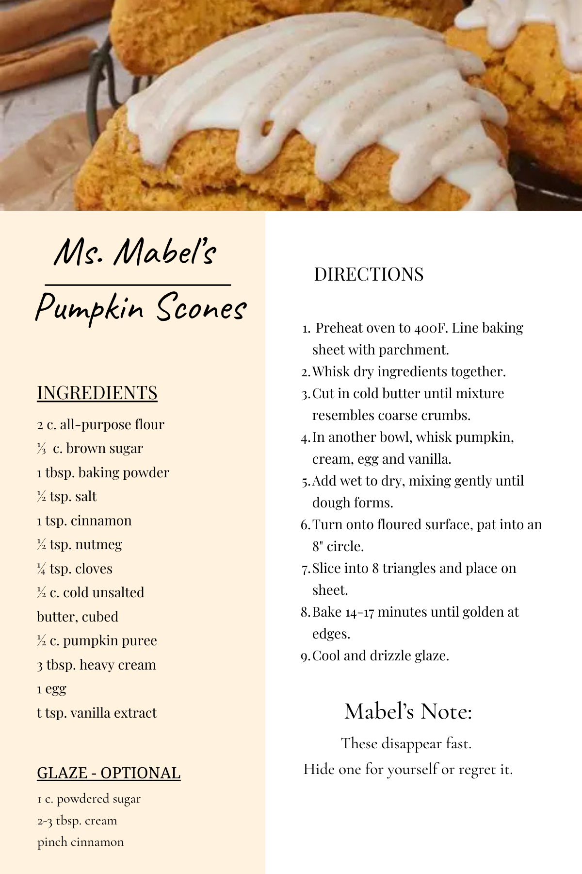 Close-up of pumpkin scones drizzled with white icing on a baking rack.