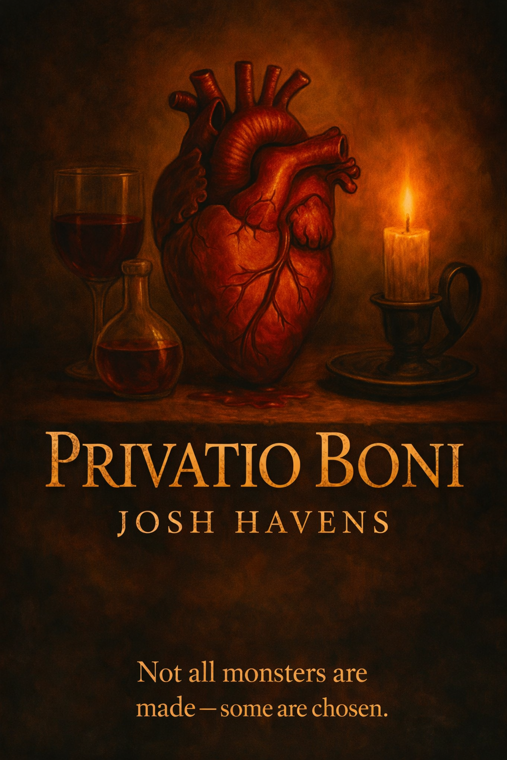 The book cover titled "Privatio Boni" by Josh Havens features a detailed illustration of a human heart, a glass of red wine, a small glass bottle of red liquid, and a lit candle on a dark background. The subtitle reads "Not all monsters are made — some are chosen."