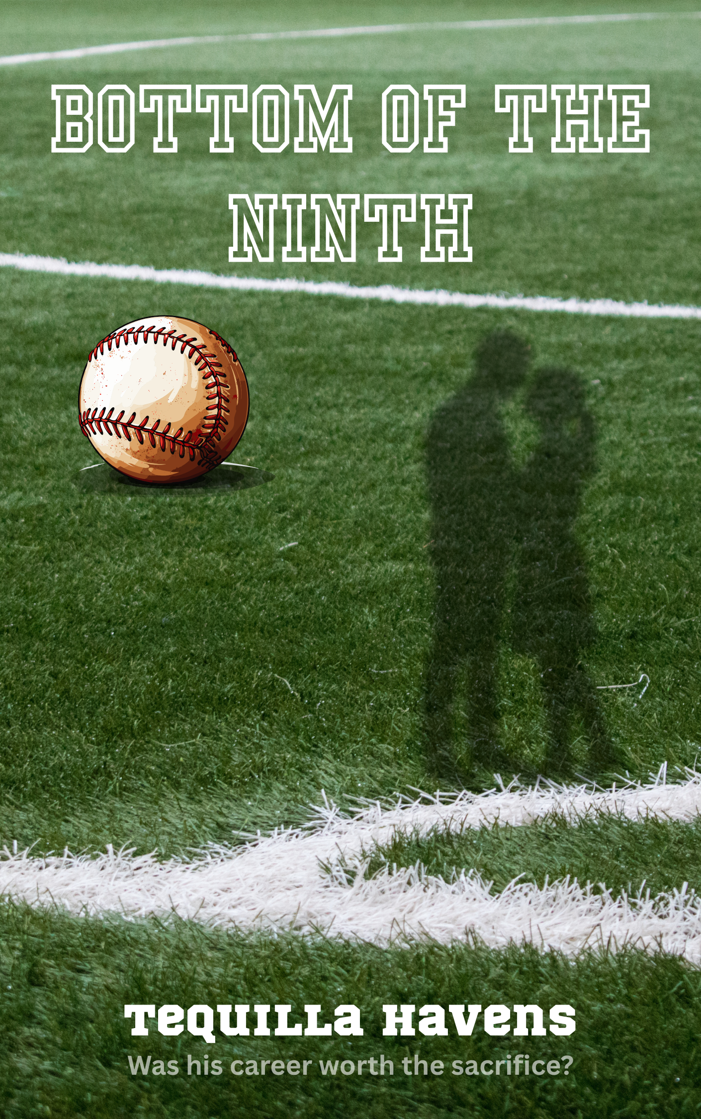 A baseball on a grass field with foggy conditions casting a shadow of a person. Text overlay reads 'Bottom of the Ninth.' Additional text says 'Tequila Havens' and 'Was his career worth the sacrifice?'.