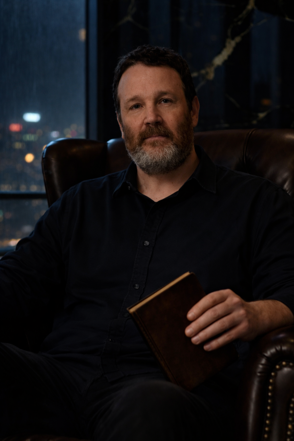 A man with a beard sitting in a leather chair indoors at night, holding a closed book, with city lights visible through a window behind him.