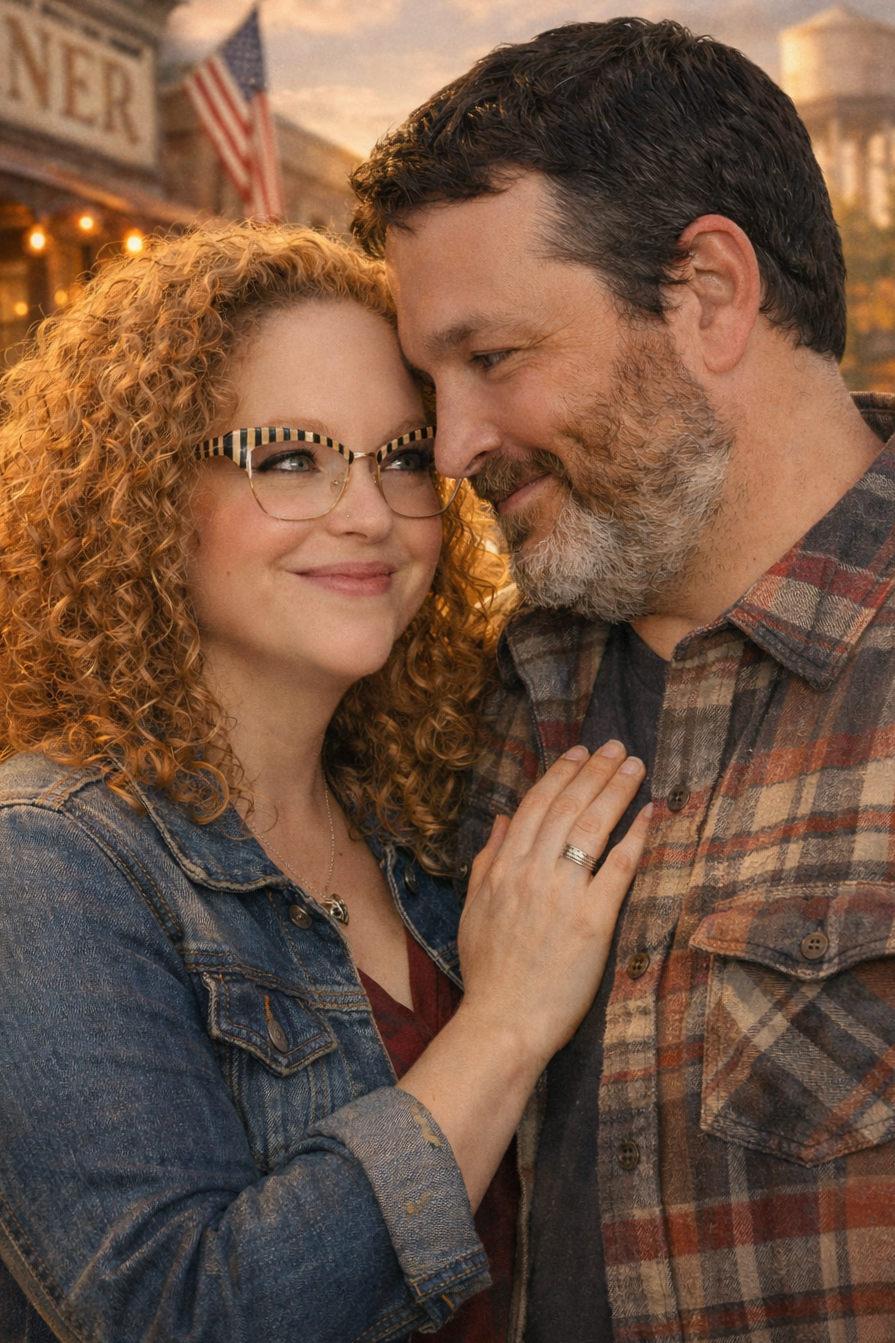 A couple sharing an intimate moment outdoors during sunset, close together with faces nearly touching, smiling affectionately, with a town scene in the background.