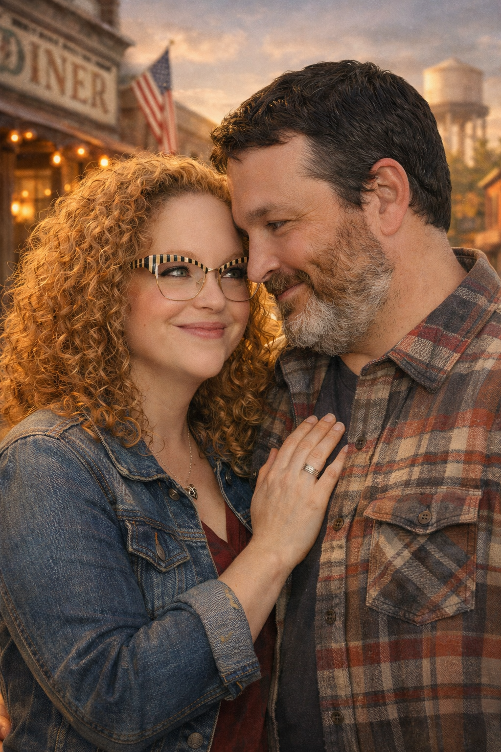 A smiling woman with curly red hair and glasses clasping a man's chest. The man has dark hair, a beard, and is dressed in a plaid shirt. They share an intimate moment outdoors in a small town setting during sunset.