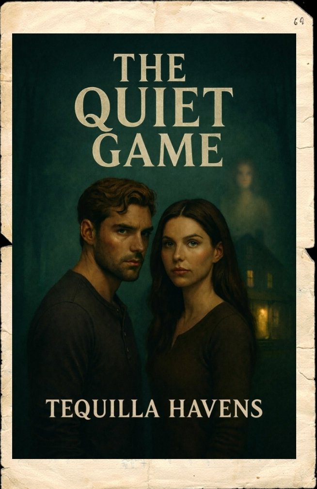 A promotional poster for the film "The Quiet Game" featuring a man and a woman with serious expressions standing close together, with dark green background and the author's name, Tequilla Havens, at the bottom.
