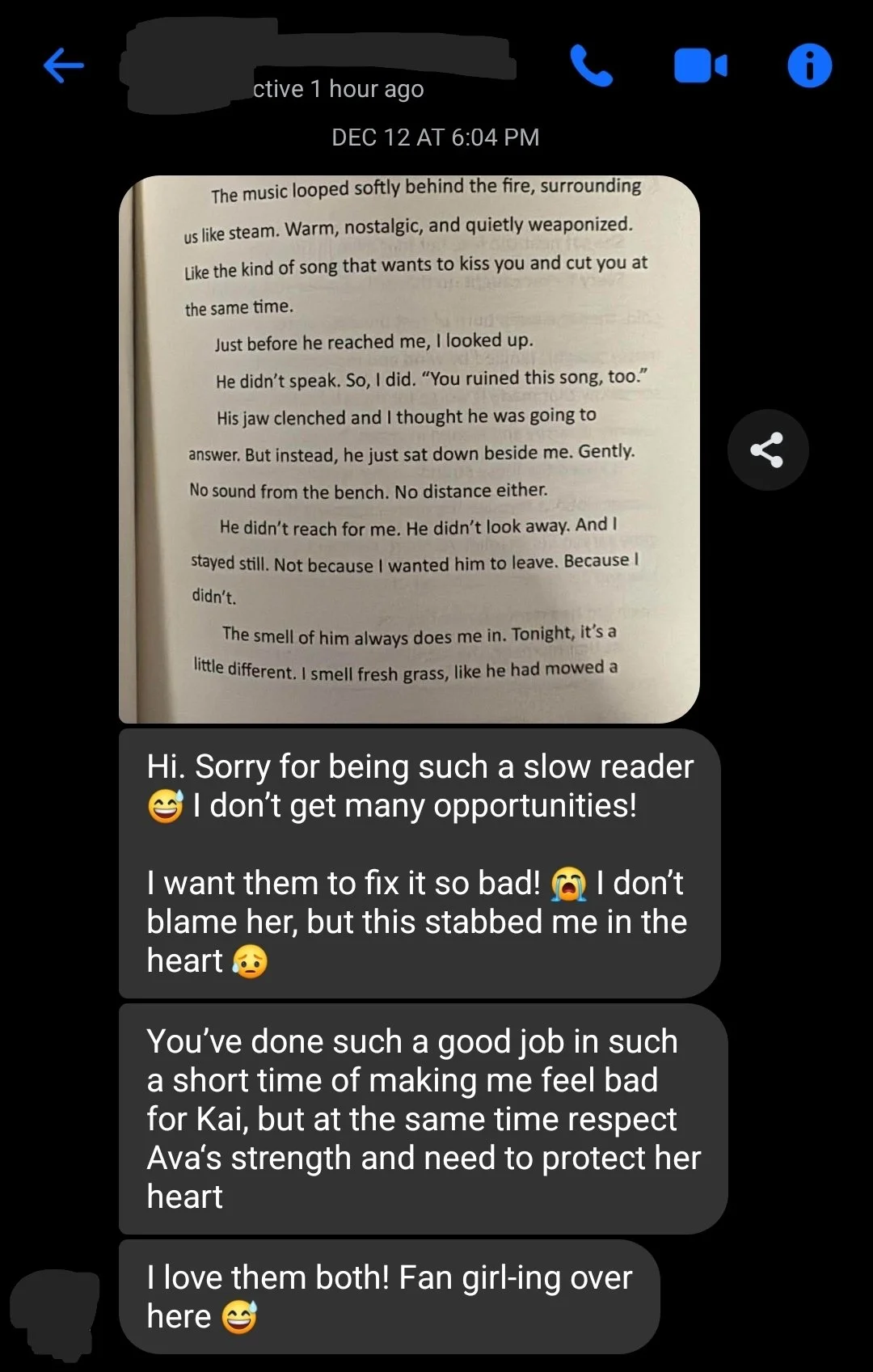 Screenshot of a phone chat displaying a photo of a book page and a message from a person. The book page contains a passage describing a scene by a fire with music, a conversation, and thoughts about a person. The message expresses feelings of empathy, appreciation, and emotional reflection with emojis.