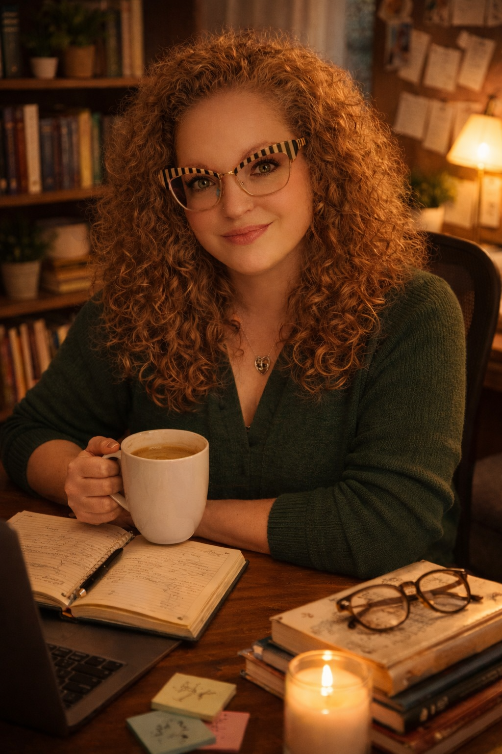 A woman with curly red hair and glasses is sitting at a wooden desk in a cozy, warmly lit room. She is holding a mug and smiling at the camera. On the desk are an open notebook, a pen, a pair of glasses, a candle, and several books. Bookshelves with books and plants are visible in the background.