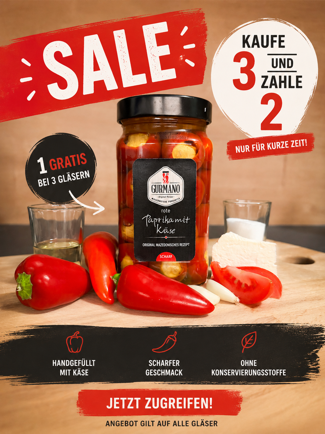 Rote Kirschpaprika mit Käse (scharf)