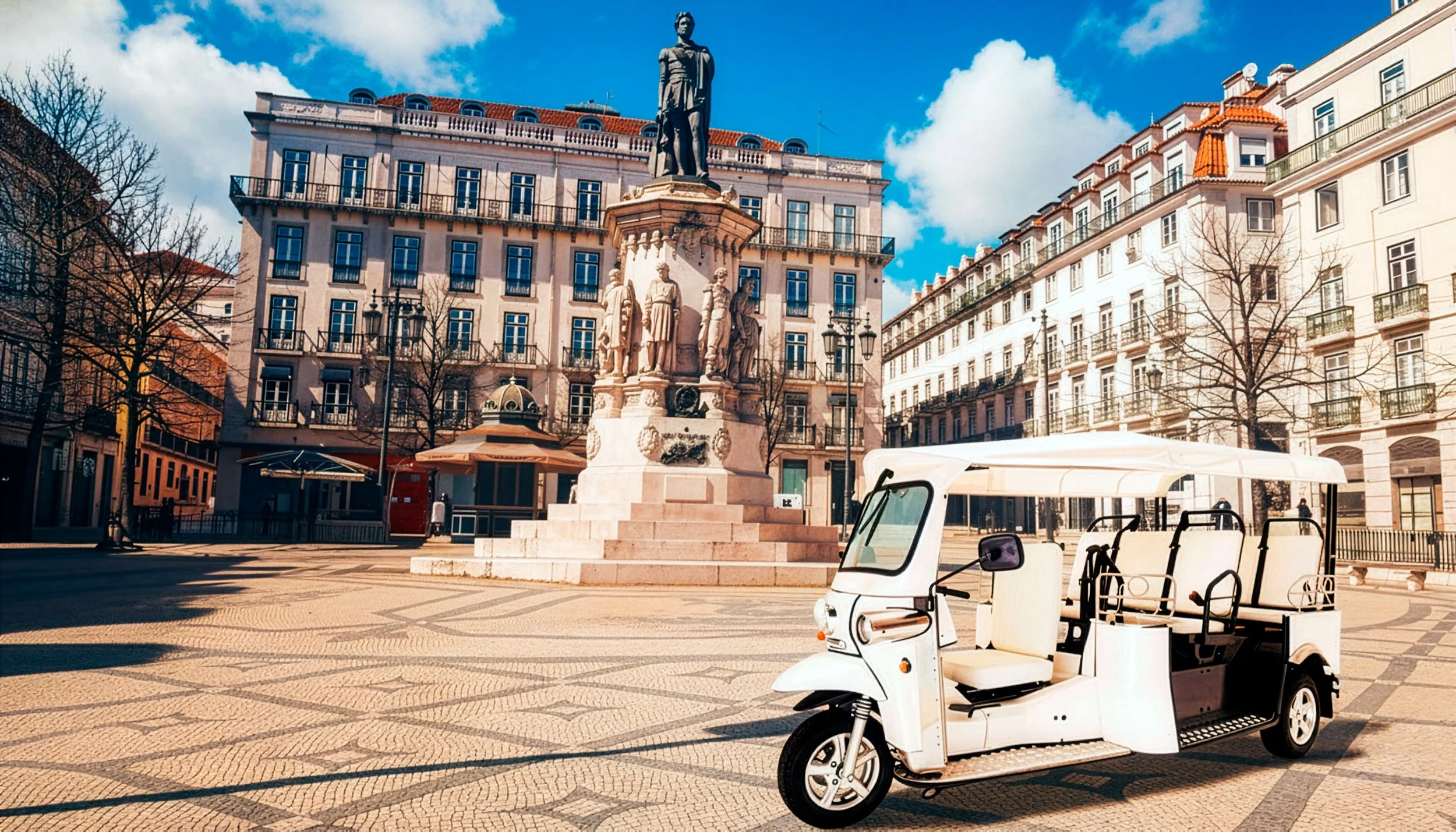 Praça com monumento central, edifícios históricos ao fundo, céu azul com nuvens, e um veículo de tuk-tuk na frente.