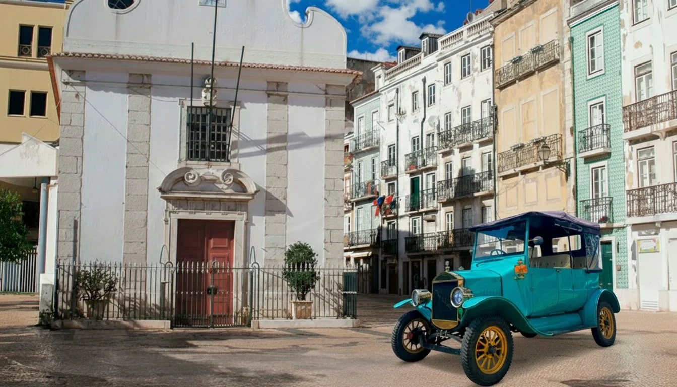 Cena de uma rua com prédio antigo ao fundo, uma pequena igreja branca com porta vermelha e um carro antigo azul ao frente.