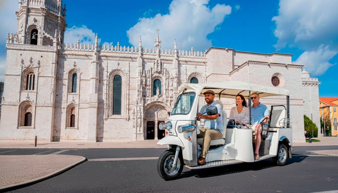 Três turistas em um carrinho de golf elétrico passando em frente a uma catedral histórica de arquitetura gótica, sob céu azul com nuvens brancas.