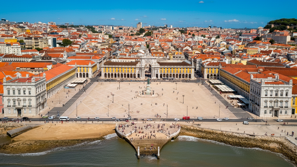 Vista aérea da Praça do Comércio em Lisboa, com edifícios históricos e o rio ao fundo.