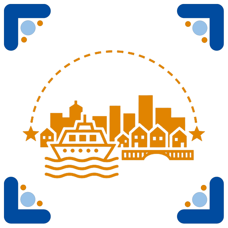 Design estilizado de uma cidade com barco, prédios, casas e uma ponte, rodeada por elementos decorativos nas extremidades, usando cores azul, laranja e detalhes em branco e laranja.