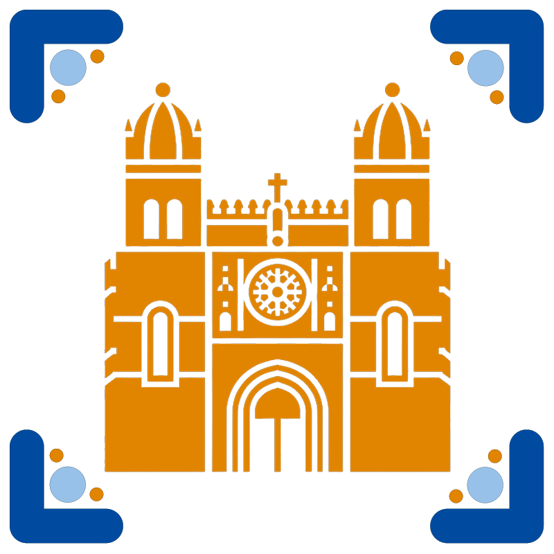 Representação estilizada de uma catedral histórica com torres, rosárea e portal de entrada, decorada com detalhes arquitetônicos.