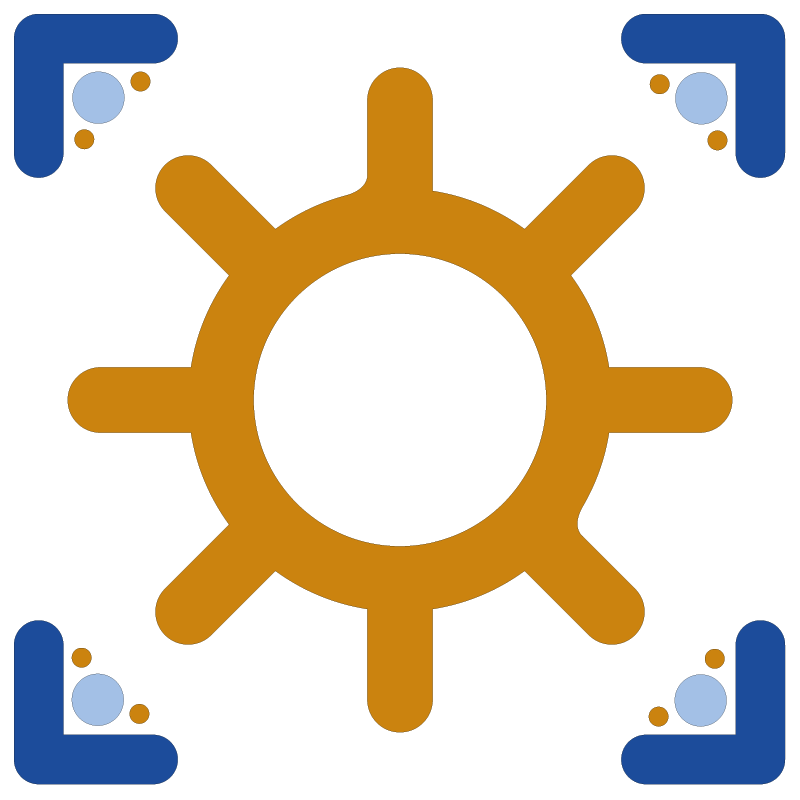 Ícone de engrenagem dourada com detalhes em azul na borda, usado para representar configurações ou ajustes.