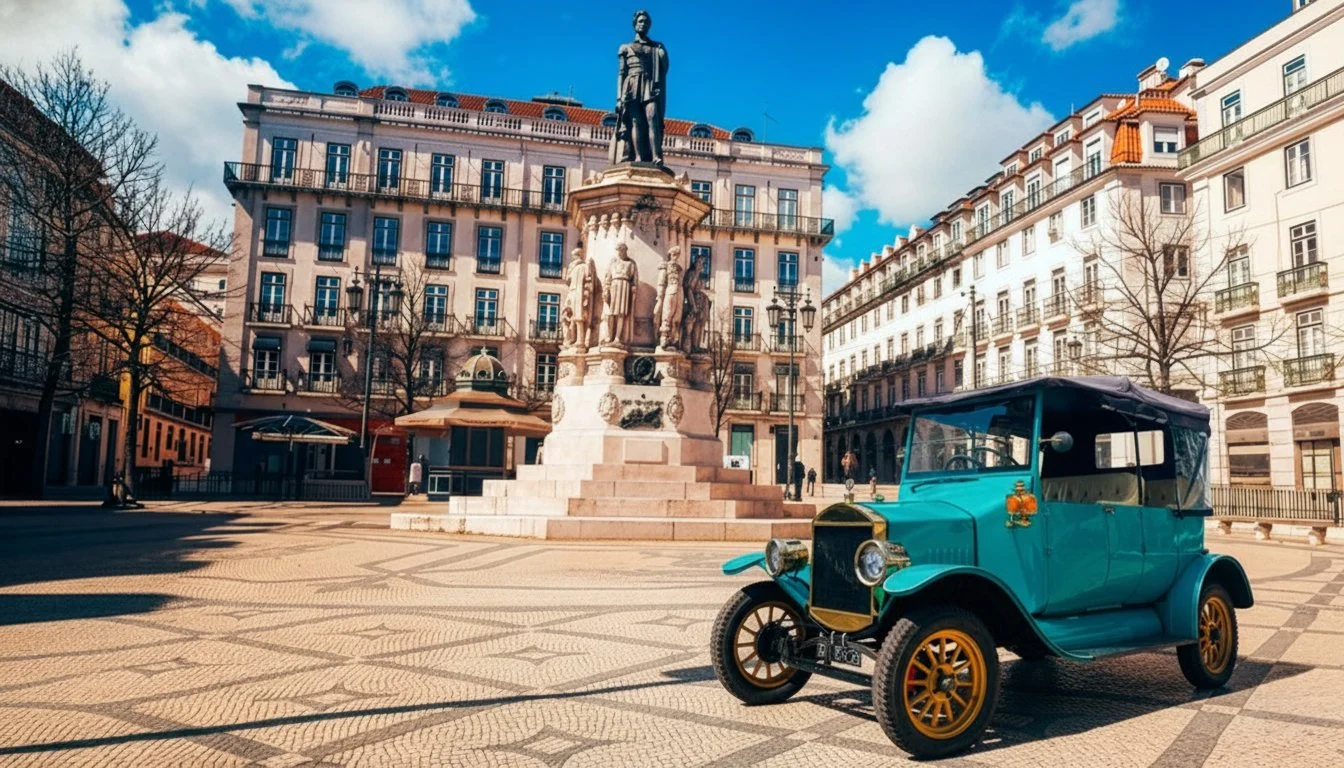 Carro antigo azul estacionado em praça com monumento e prédios ao fundo.