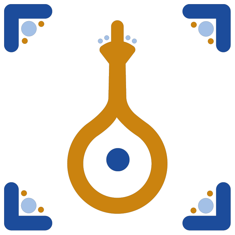 Design abstrato com formas geométricas em cores azul, marrom e laranja, com elementos decorativos em cantos.