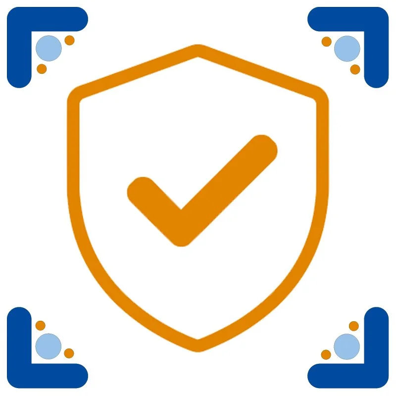 Escudo com marca de verificação dentro, cercado por cantos decorativos azuis com detalhes laranja claro.