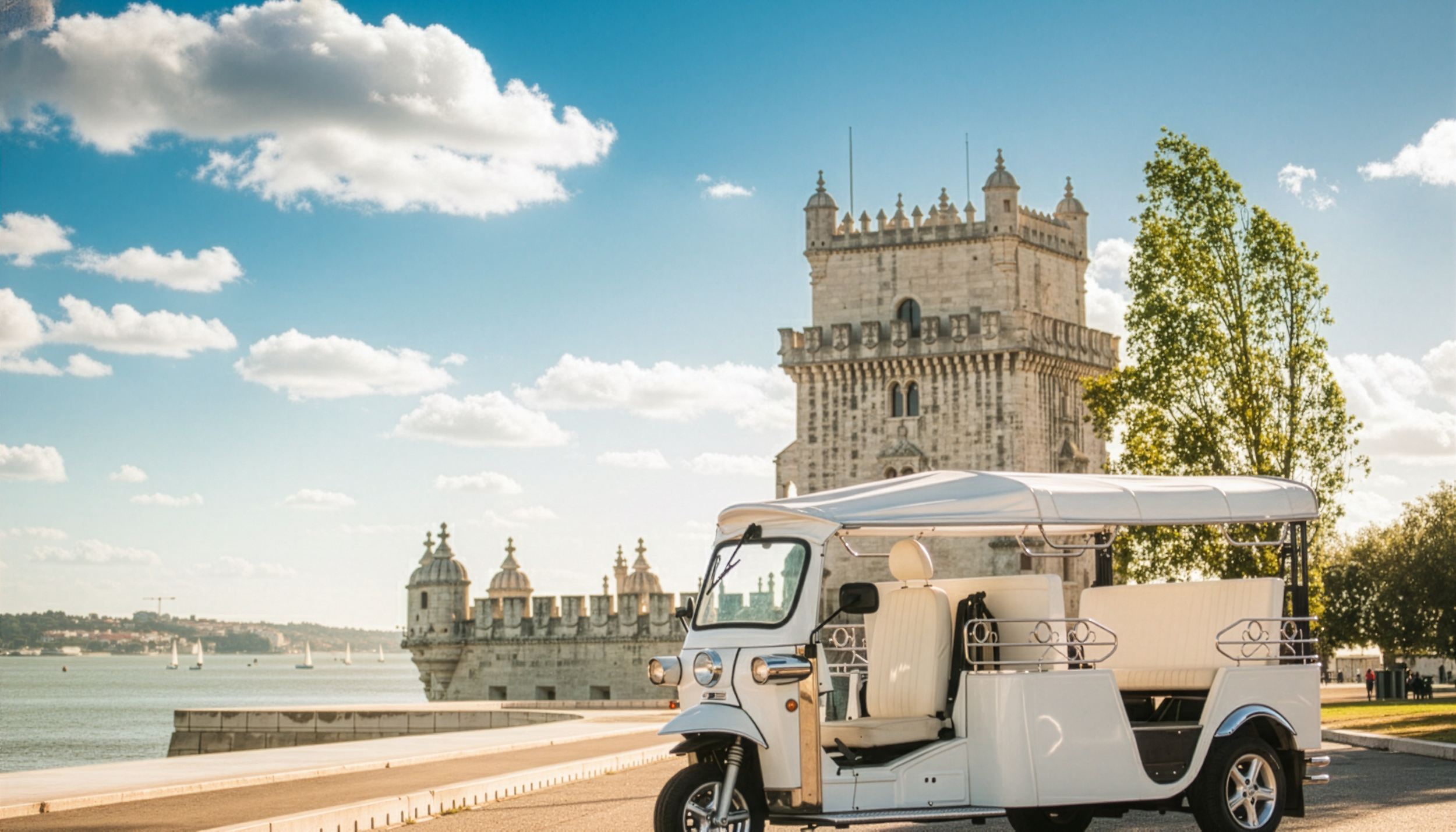 Tuk-tuk branco estacionado ao longo do rio ao lado do Torre de Belém em Lisboa, Portugal, com céu claro e algumas nuvens.