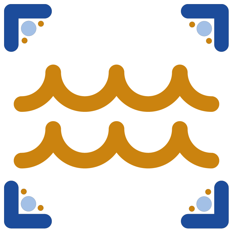 Design gráfica com linhas curvas douradas em padrão de ondas, com detalhes em cantos azuis e pequenos círculos coloridos em canto e na borda.