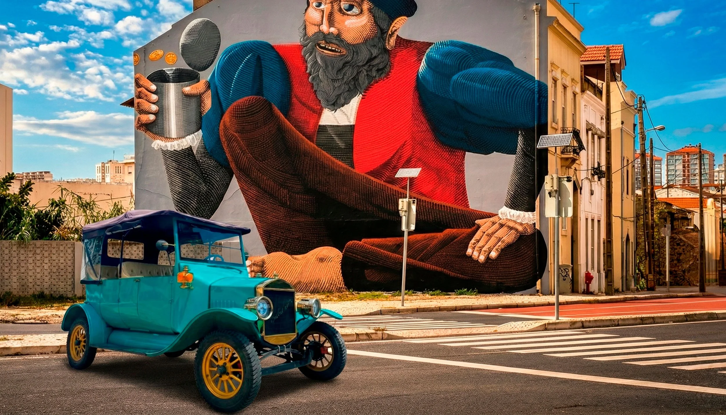 Mural de arte de um homem com barba gigante, usando camisa vermelha e jaqueta azul, segurando uma caneca. Um carro antigo azul com rodas amarelas estacionado na rua em frente ao mural.