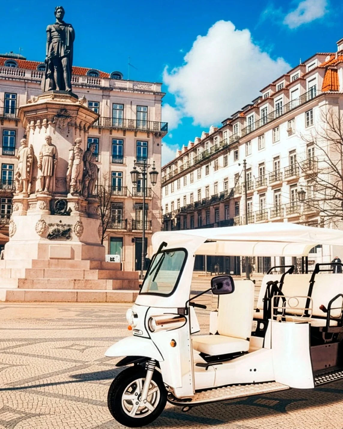 Imagem de uma praça com um monumento com estátuas e um veículo elétrico de três rodas branco na frente, edifícios residenciais ao fundo e céu azul com nuvens.