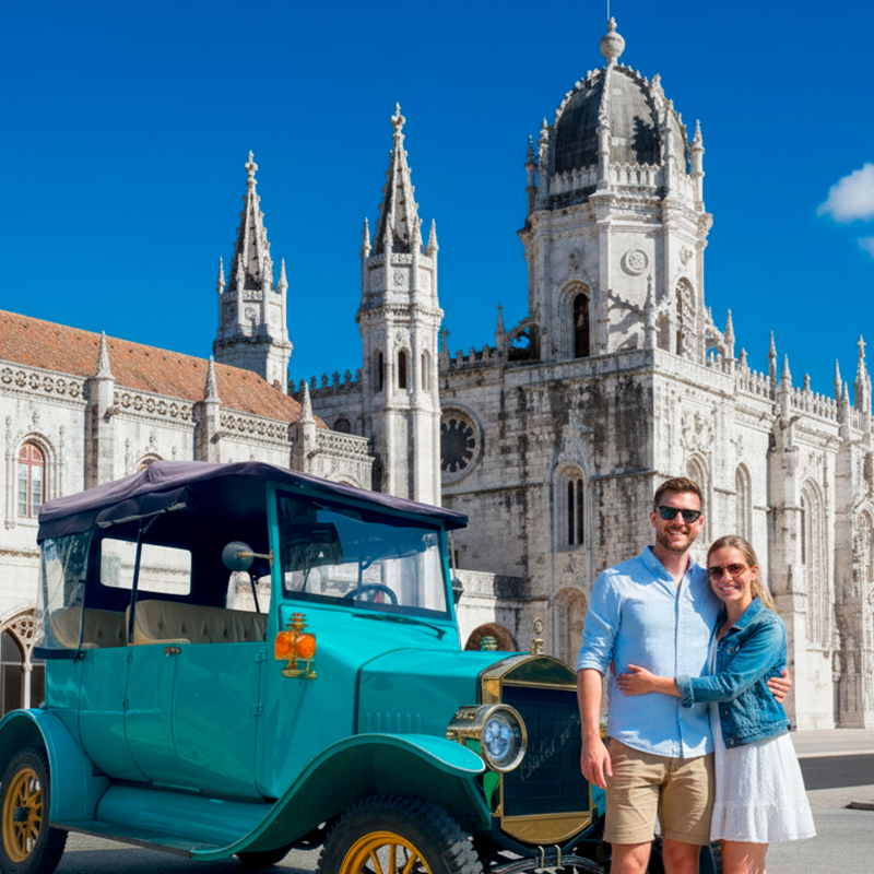 Casal sorridente posando ao lado de um carro antigo azul com uma catedral histórica ao fundo, sob céu azul claro.
