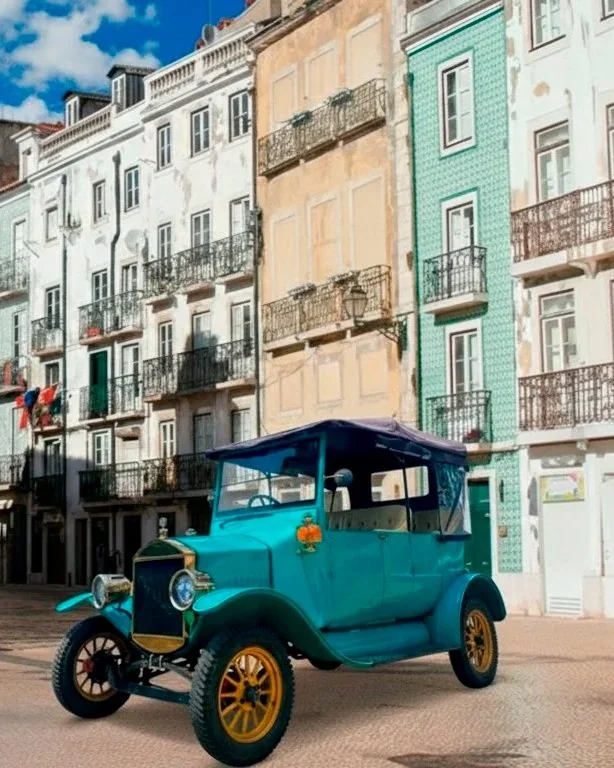 Carro antigo azul estacionado na rua, com edifícios coloridos ao fundo.