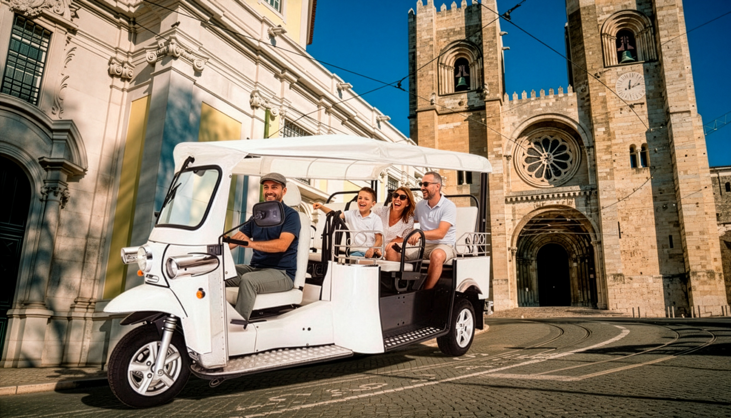 Grupo de cinco pessoas sorrindo em um carrinho de golfe turístico na rua, com uma igreja antiga ao fundo.