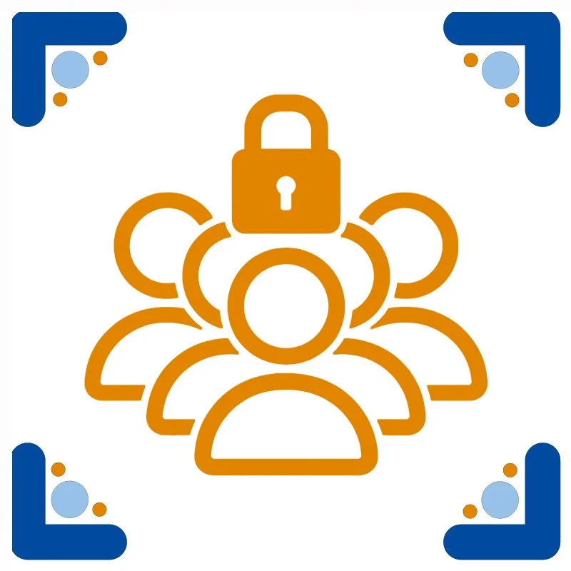 Ícone representando segurança de dados de usuários, com várias silhuetas de pessoas e um cadeado no centro.