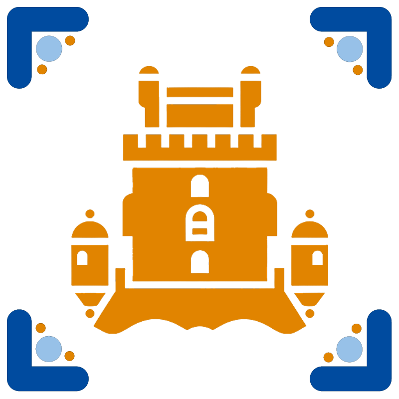 Desenho de um castelo de cor laranja com torres e muralhas, decorado com detalhes em azul nas bordas do quadro