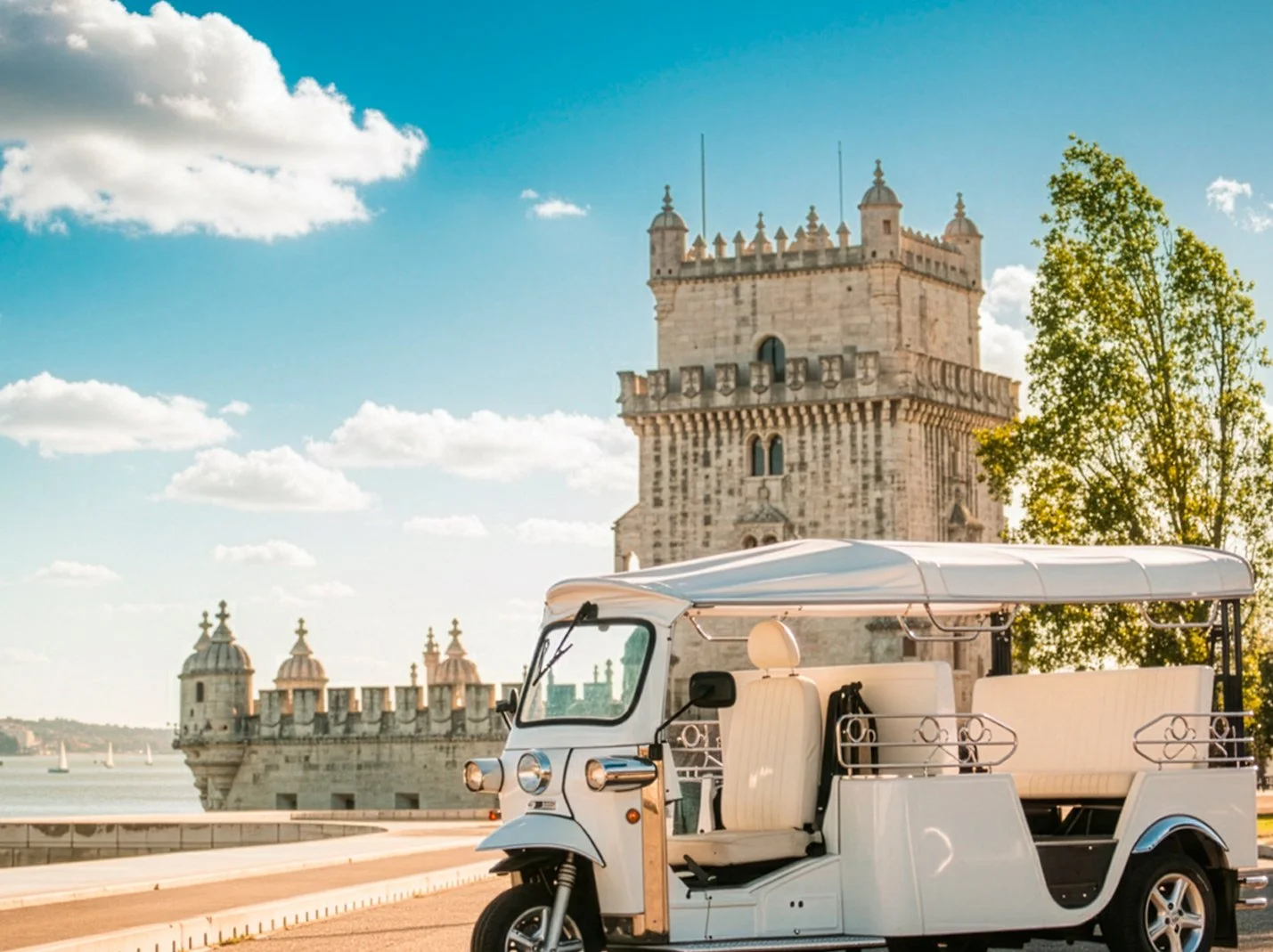 Táxi elétrico branco estacionado em frente a uma antiga torre de castelo com água ao fundo, céu claro com algumas nuvens e árvores verdes ao lado.