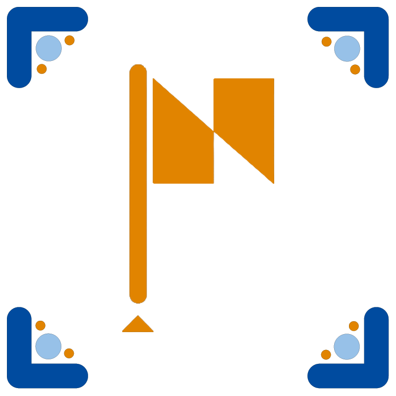 Ícone de uma câmera de vídeo ou filmadora em cor laranja, com moldura de borda triangular e uma haste na parte inferior, decorada com linhas horizontais, sobre fundo preto com detalhes em azul nas extremidades.