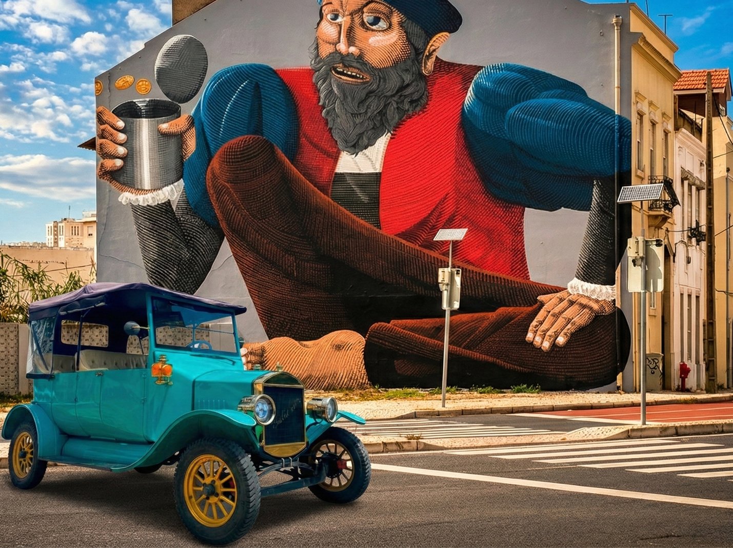 Mural de um homem com barba, usando um chapéu, vestindo uma blusa azul com colete vermelho, segurando uma lata de café, em um mural na parede de um edifício. Ao lado, um carro antigo azul com capota azul transparente, estacionado na rua.