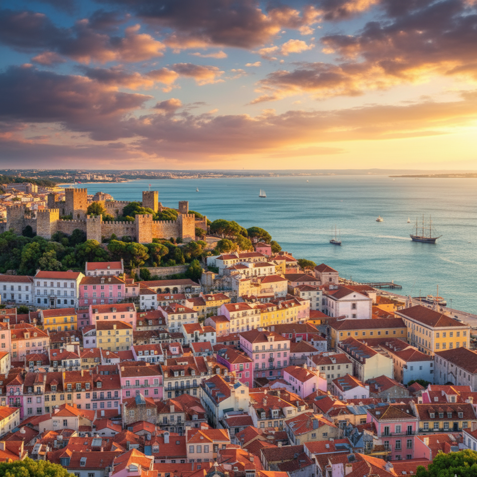 Vista aérea de uma cidade à beira-mar com muralhas medievais, prédios coloridos e barcos navegando ao pôr do sol.