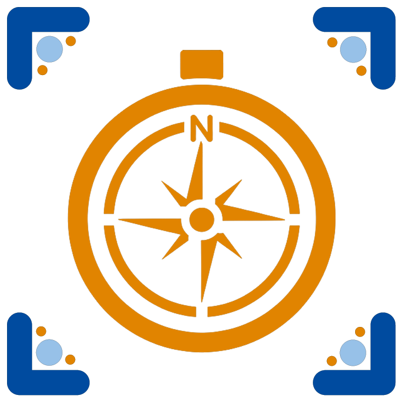 Bússola de orientação com ponteiro apontando para o norte, decorada com detalhes em azul nas bordas.