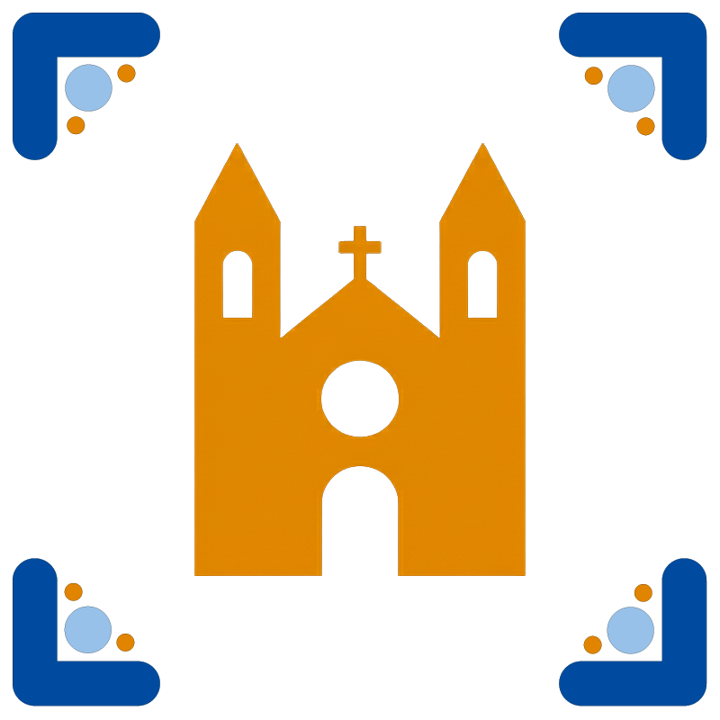 Ícone de uma igreja laranja com duas torres e uma cruz no topo, rodeada por detalhes decorativos azuis e laranja nos cantos.