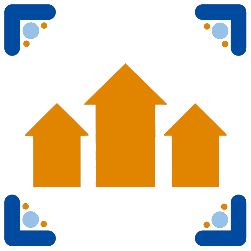 Gráfico com três setas apontando para cima em cor laranja, cercado por um design decorativo azul e laranja nos cantos.