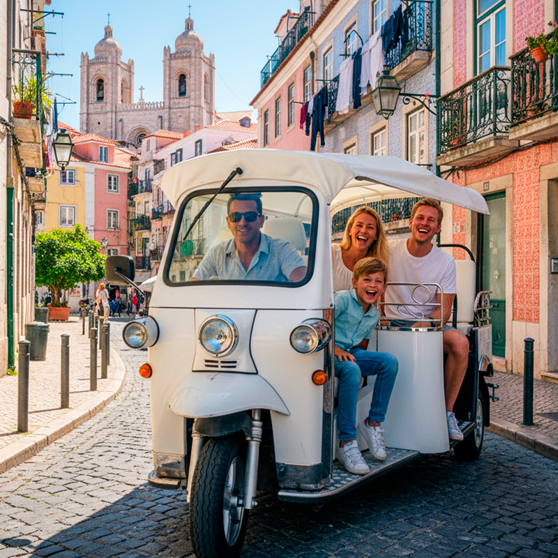 Grupo de quatro pessoas sorrindo dentro de um tuk-tuk em rua de bairro colorido com casas e igreja ao fundo, em clima ensolarado.