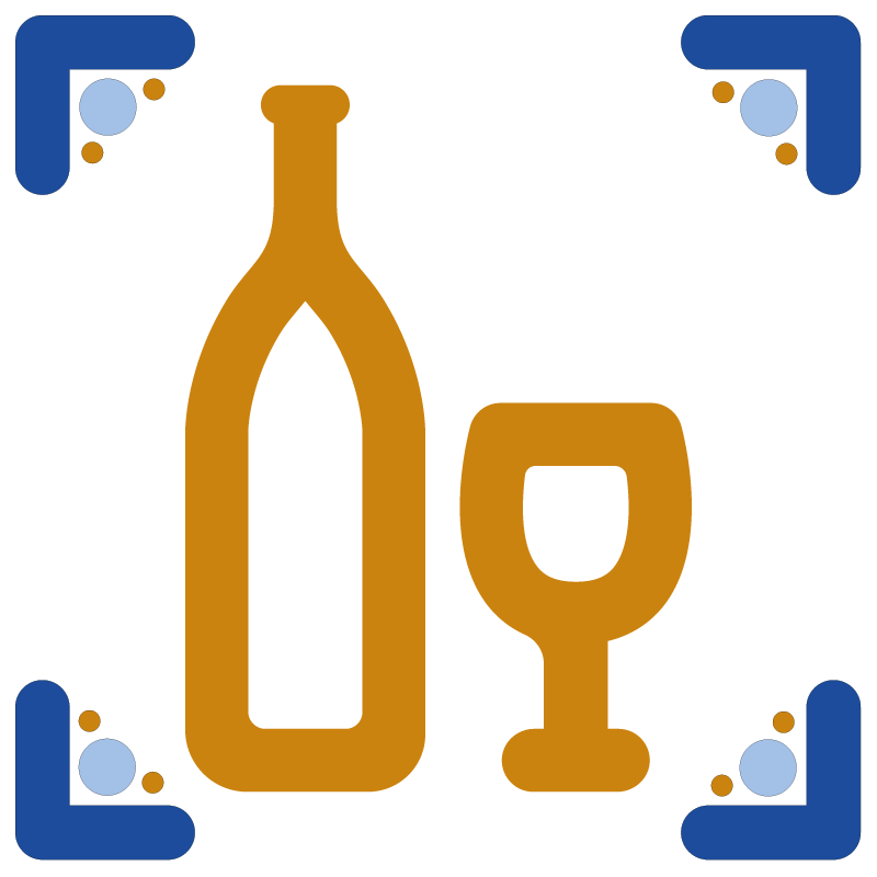 Ilustração de uma garrafa e um copo de vinho em estilo simples com cores marron e azul.