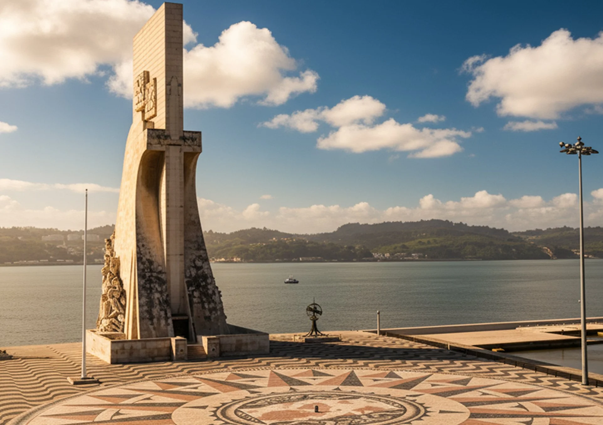Monumento em frente a um rio, com colinas ao fundo e céu azul com algumas nuvens, incluindo duas bandeiras em mastros e uma bússola decorativa no piso.