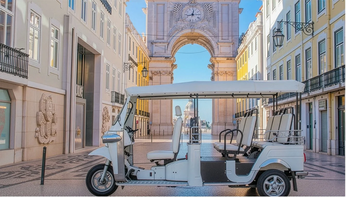 Carrinho de turismo elétrico branco com assentos e teto, estacionado em uma rua de paralelepípedo em frente a um arco histórico, sob um céu azul.