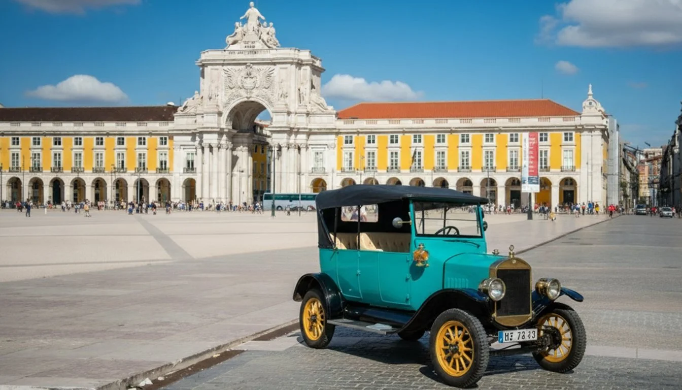 Carro antigo azul com detalhes amarelos na Praça do Comércio em Lisboa, Portugal, em frente ao Arco da Rua Augusta, sob céu parcialmente nublado