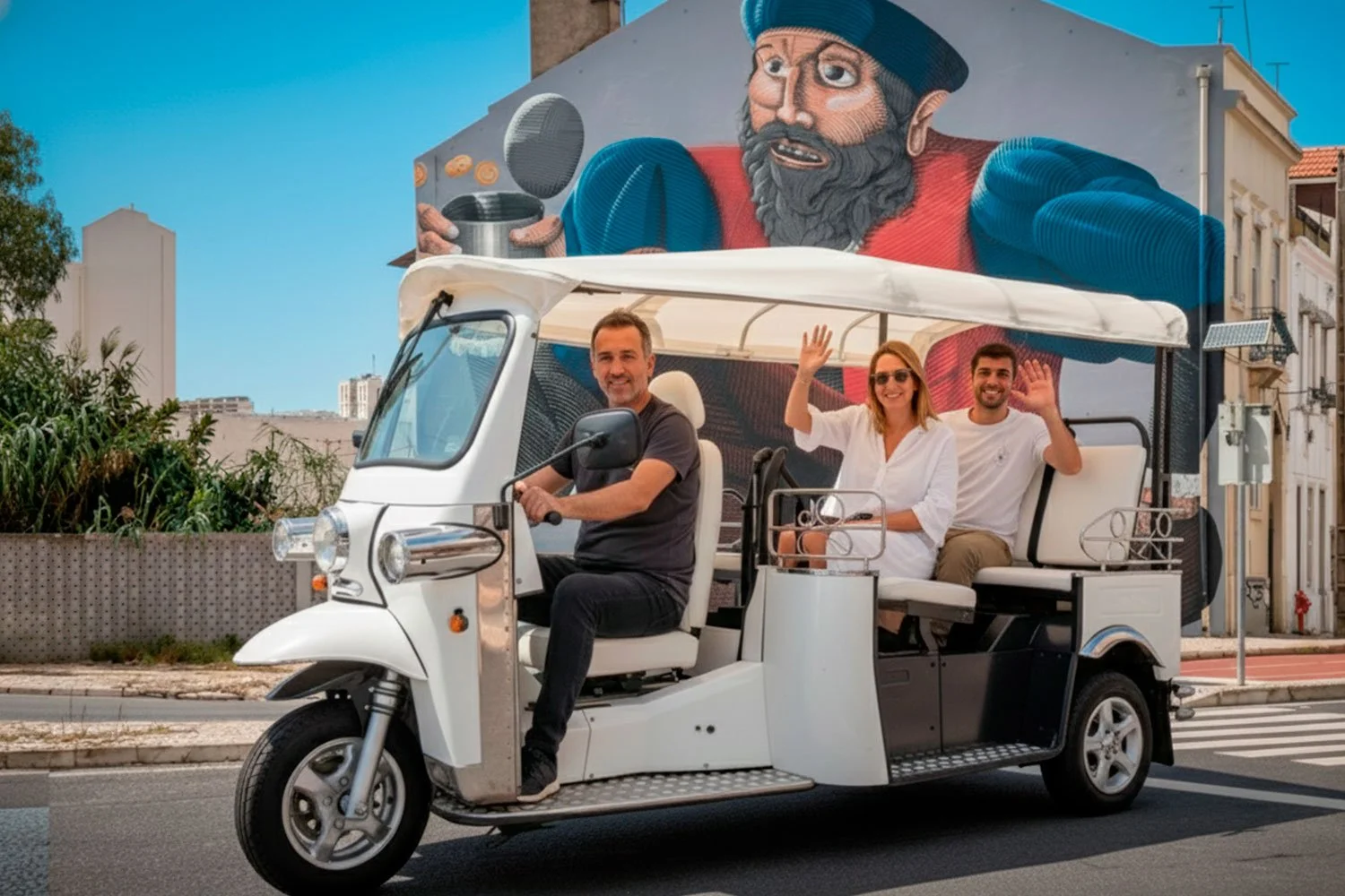 Triciclo elétrico com três pessoas sorrindo e acenando, passeando na rua com mural de um homem de chapéu e barba ao fundo.