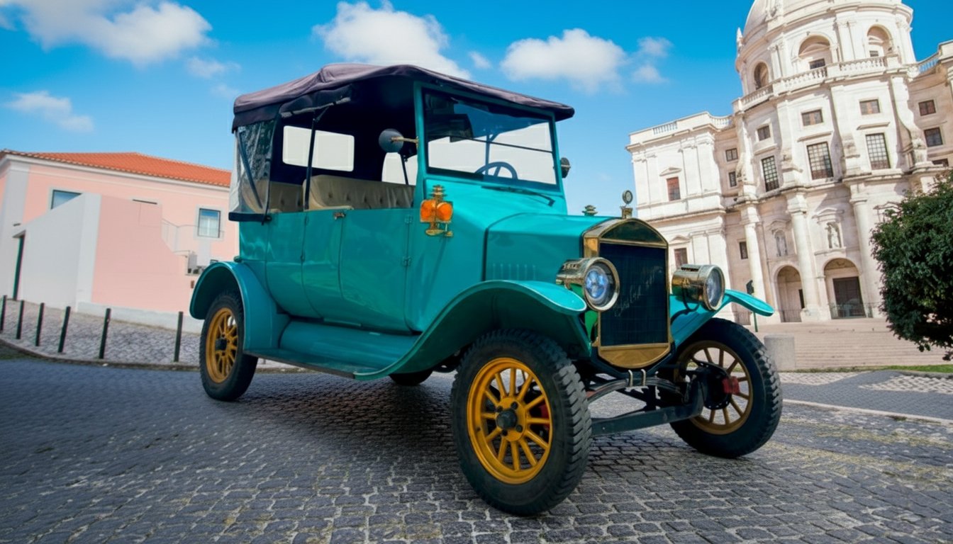 Carro antigo verde com rodas amarelas estacionado em uma rua de paralelepípedos em frente a um prédio branco, sob céu azul com nuvens.