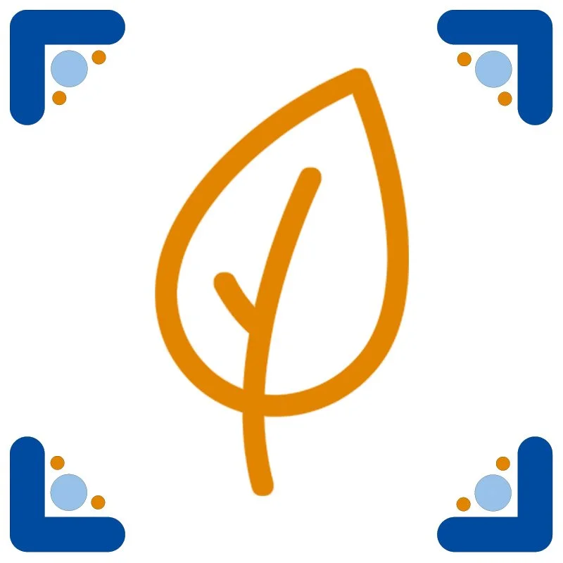 Ícone de uma folha laranja estilo desenho, com uma marca de verificação verde dentro, envolta por molduras azuis nos cantos.