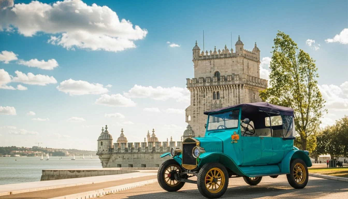 Carro antigo azul estacionado na rua com o Castelo de São Jorge ao fundo, no Portugal, sob céu azul com nuvens.