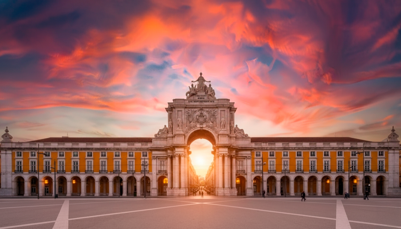 Imagem de um monumento arquitetônico com um arco central, ao pôr do sol, com nuvens coloridas no céu